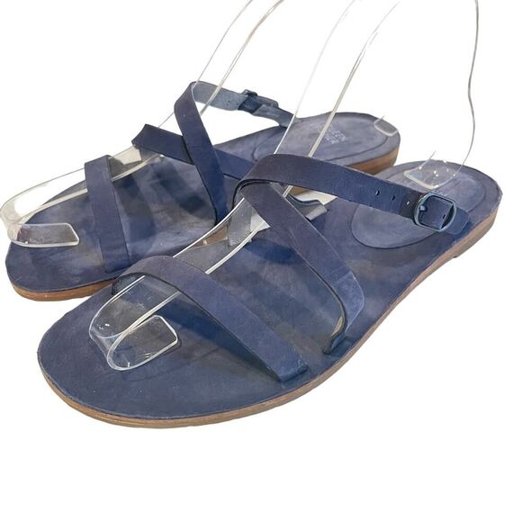 Eileen Fisher Genuine Nubuck Leather Navy Blue Strappy Flat Slip On Sandals 8 - Picture 1 of 7